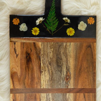Medium Cheese Board with Dried Flowers - yellow and orange - Acacia Wood